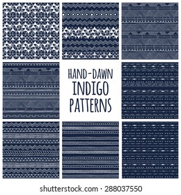 Set of eight indigo blue and white seamless hand drawn texture designs for backgrounds, vector illustration