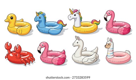 A set of eight inflatable pool floats shaped like a duck, unicorn, flamingo, crab, swan, and llama.