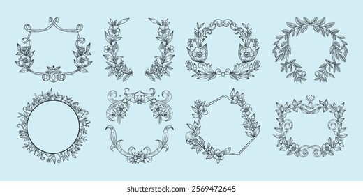 Set of eight intricate floral frames, featuring ornate floral designs. Each floral frame showcases unique floral patterns, perfect for decorative purposes. Frame element vector set.