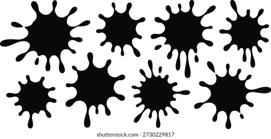 A set of eight isolated black liquid splatters and blots, showing varied organic shapes and dripping characteristics.