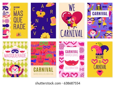 Set of eight  isolated carnival advertising posters with invitation to costume parties flat vector illustration 