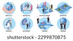 Set with eight isolated geopolitics compositions with text captions and isometric icons of maps and statesmen vector illustration