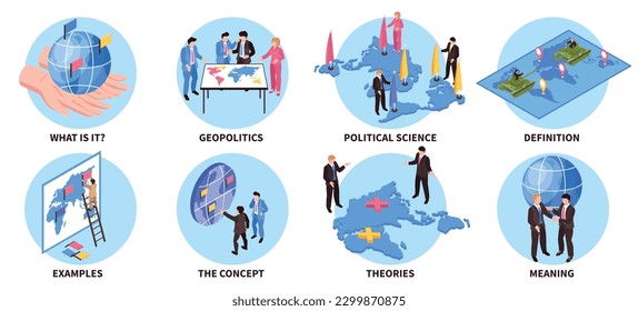 Conjunto con ocho composiciones geopolíticas aisladas con subtítulos de texto e iconos isométricos de mapas y estadistas ilustraciones vectoriales