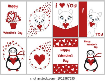 Set of eight isolated greeting cards for Valentine's Day. Cat and penguins on a white background. Beautiful card for Valentine's Day. Stock vector. 