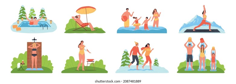 Set of eight isolated healthy life hardening compositions with human characters tempering their bodies in winter vector illustration