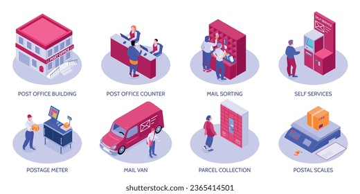 Conjunto de ocho composiciones aisladas de correos isométricos con subtítulos de texto e iconos de la ilustración vectorial de servicios postales