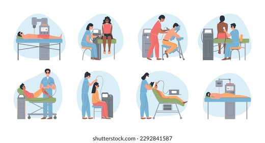 Set with eight isolated round laser therapy flat compositions of medical apparatus physicians and patients characters vector illustration