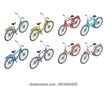 Set of eight isometric bicycles with step-through and diamond frames, some with front basket or rear cargo rack, shown from front and rear views, in different colors, white background.