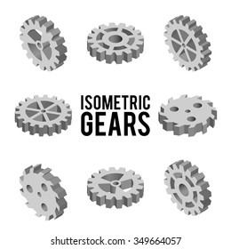 Set of eight isometric gears isolated on a white background. Isometric vector illustration. Set of 3D techno icons. Details of the mechanism. Engineering concept.