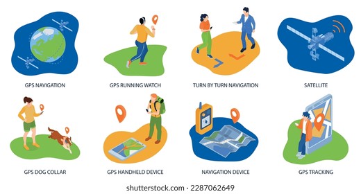 Set with eight isometric gps navigation compositions of text captions and people with maps location signs vector illustration