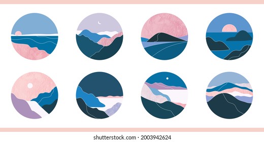 A set of eight Japanese backgrounds with pink marble texture. Abstract round template with geometric wavy shapes. Design of a mountainous layout in an oriental style in pastel gentle colors.