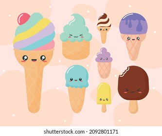 set of eight kawaii ice creams