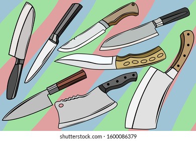 Set of eight kitchen knives. Wallpaper on the kitchen. Different knives cleaver, chef and others. Vector image.