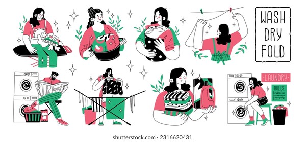 A set of eight laundry-themed scenes and quotes. Washing clothes by hand and with a washing machine. Maintain order in the house. Household affairs. Vector illustration isolated on white background. 