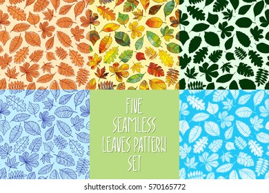 Set of eight leaves seamless patterns. Abstract backgrounds. Vector graphics.