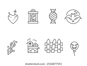 A set of eight line art icons depicting Halloween themes, including a broken heart, a guillotine, candy, a bat, a broom, a haunted house, a fence, and a spooky balloon.