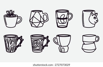 Conjunto de oito linhas desenhadas canecas de café com vários desenhos