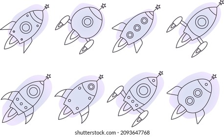 Set of eight linear icons: rockets with stars on gradient background