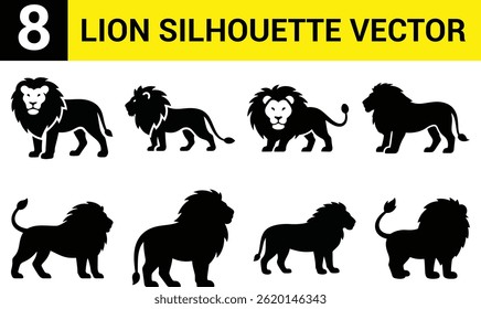 Set of Eight Lion Silhouettes Vector Graphic.