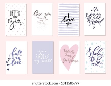 set of eight love cards. hand calligraphy texts