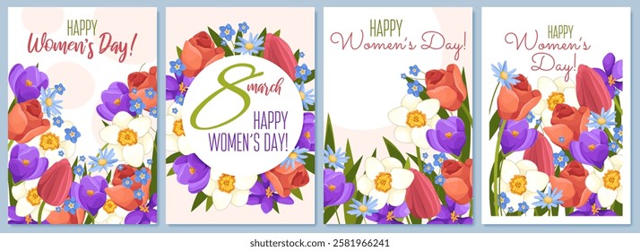 Set of eight march banners. Vector international Womens Day celebration collection with floral elements. Greeting card and woman and girl, Female or lady festive. Spring invitation. Feminine beauty.