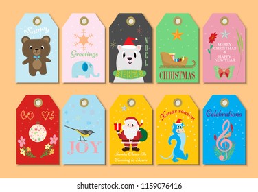 Set of eight Merry Christmas and New Year gift tags with cartoon characters. Vector illustration