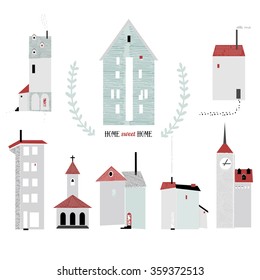 Set of the eight minimal house. Home sweet home. Hand draw ink textures. Stock vector.