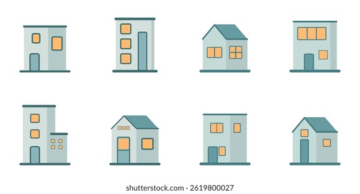 Set of Eight Minimalist House Icons with Modern and Classic Roof Designs in Flat Style