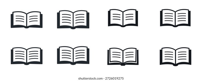 A set of eight minimalist open book icons in a monochrome (black and gray) line art style, where each book has a unique detail on the right page.
