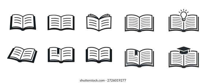 A set of eight minimalist open book icons in a monochrome (black and gray) line art style, where each book has a unique detail on the right page.