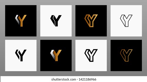 Set of eight minimalist trendy shapes. Letter Y stylish vector logo emblems for Your design. Simple creative geometric signs collection. Black and gold color.