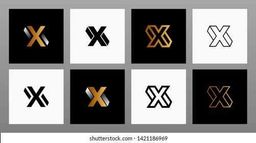 Set of eight minimalist trendy shapes. Letter X stylish vector logo emblems for Your design. Simple creative geometric signs collection. Black and gold color.