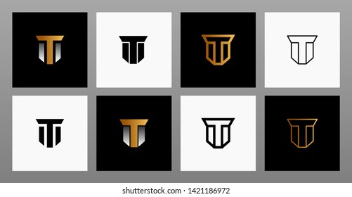 Set of eight minimalist trendy shapes. Letter T stylish vector logo emblems for Your design. Simple creative geometric signs collection. Black and gold color.