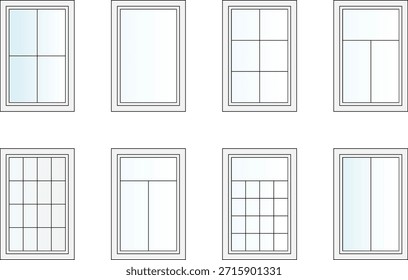 Conjunto de oito projetos de janelas minimalistas mostrados como ilustrações arquitetônicas vetoriais limpas. A coleção inclui diferentes layouts de faixa e muntin, apresentados em uma simples vista de elevação com contornos finos e preenchimento de vidro sutil. Adequado para desenhos arquitetônicos, conceitos de fachada, diagramas e apresentações de design. Estilo vetorial totalmente editável em um plano de fundo claro.