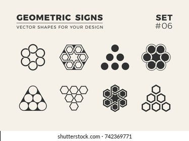 Set of eight minimalistic trendy shapes. Stylish vector logo emblems for Your design. Simple creative geometric signs collection.
