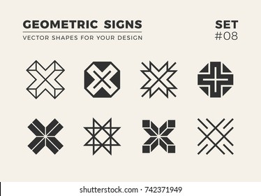 Set of eight minimalistic trendy shapes. Stylish vector logo emblems for Your design. Simple creative geometric signs collection.