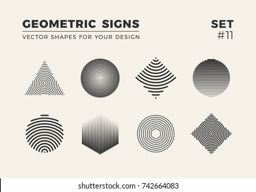 Set of eight minimalistic trendy shapes. Stylish vector logo emblems for Your design. Simple creative geometric signs collection.