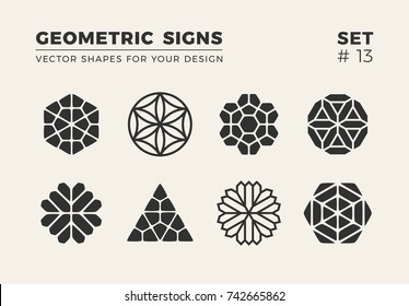 Set of eight minimalistic trendy shapes. Stylish vector logo emblems for Your design. Simple creative geometric signs collection.