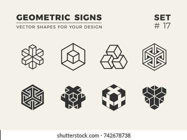 Set of eight minimalistic trendy shapes. Stylish vector logo emblems for Your design. Simple creative geometric signs collection.