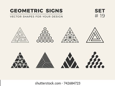 Set of eight minimalistic trendy shapes. Stylish vector logo emblems for Your design. Simple creative geometric signs collection.