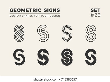 Set of eight minimalistic trendy shapes. Stylish vector logo emblems for Your design. Simple creative geometric signs collection.