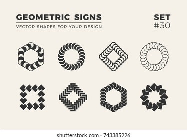Set of eight minimalistic trendy shapes. Stylish vector logo emblems for Your design. Simple creative geometric signs collection.
