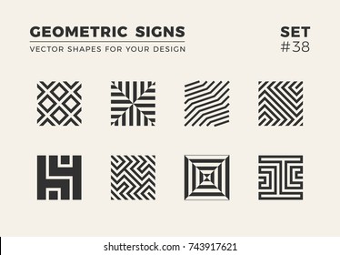 Set of eight minimalistic trendy shapes. Stylish vector logo emblems for Your design. Simple geometric signs collection.