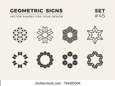 Set of eight minimalistic trendy shapes. Stylish vector logo emblems for Your design. Simple geometric signs collection.