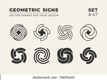 Set of eight minimalistic trendy shapes. Stylish vector logo emblems for Your design. Simple geometric signs collection.