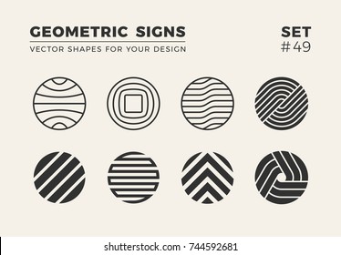 Set of eight minimalistic trendy shapes. Stylish vector logo emblems for Your design. Simple geometric signs collection.