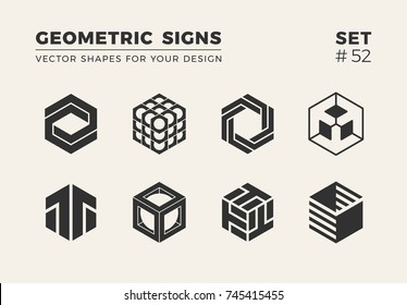 Set Of Eight Minimalistic Trendy Shapes. Stylish Vector Logo Emblems For Your Design. Simple Creative Geometric Signs Collection.