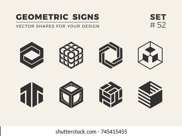 Set of eight minimalistic trendy shapes. Stylish vector logo emblems for Your design. Simple creative geometric signs collection.