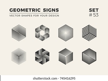 Set of eight minimalistic trendy shapes. Stylish vector logo emblems for Your design. Simple creative geometric signs collection.