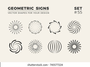 Set of eight minimalistic trendy shapes. Stylish vector logo emblems for Your design. Simple creative geometric signs collection.